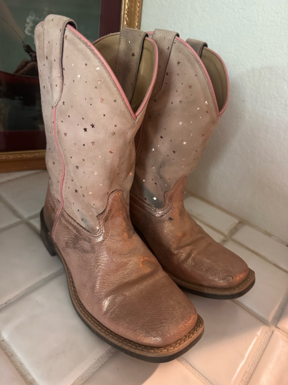 Girls Pink and Rose Gold Star Accent Cowgirl Boots